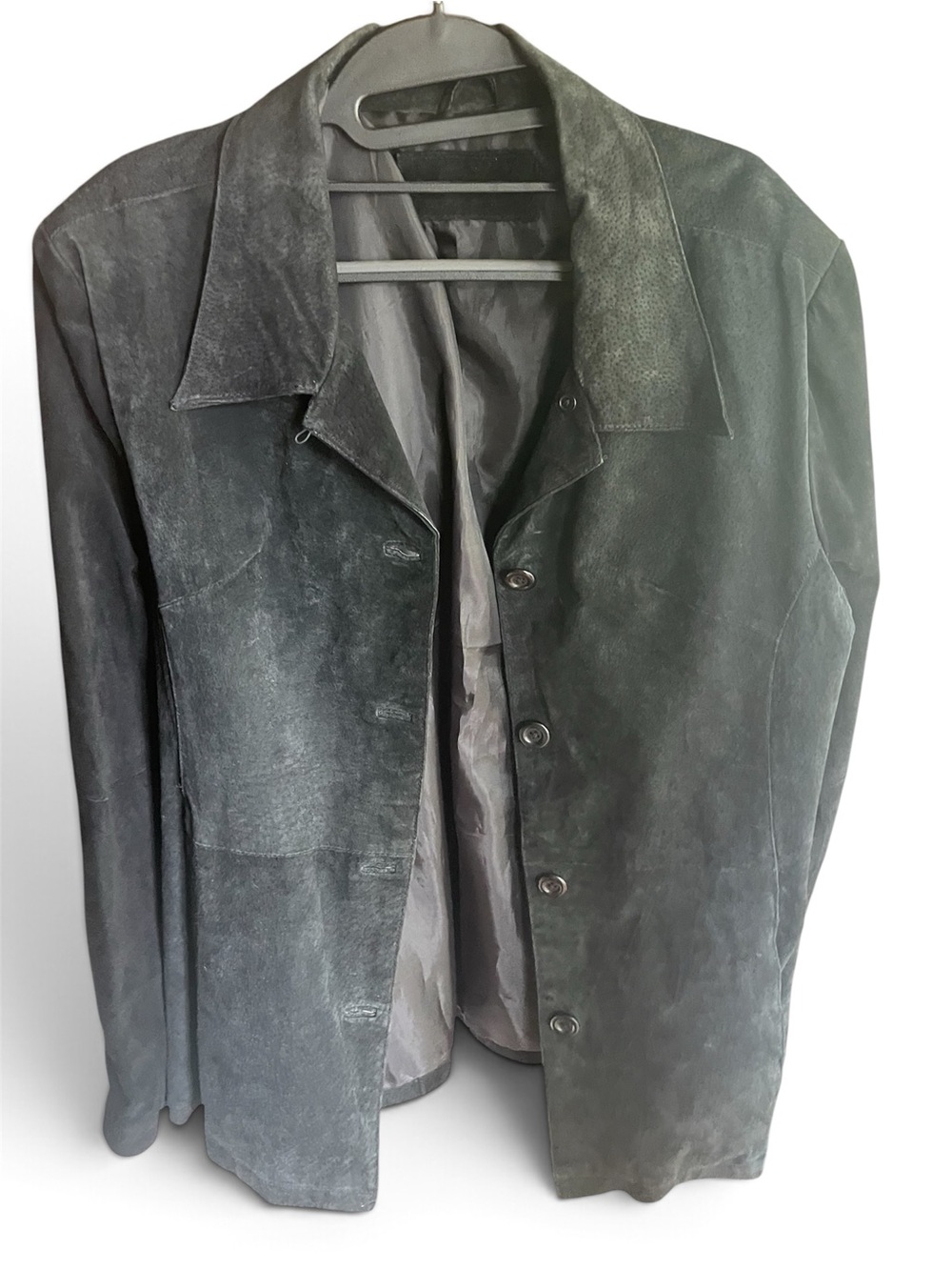 Vintage 90s Genuine Black Suede Leather Trench Coat Belted Jacket Mid Length